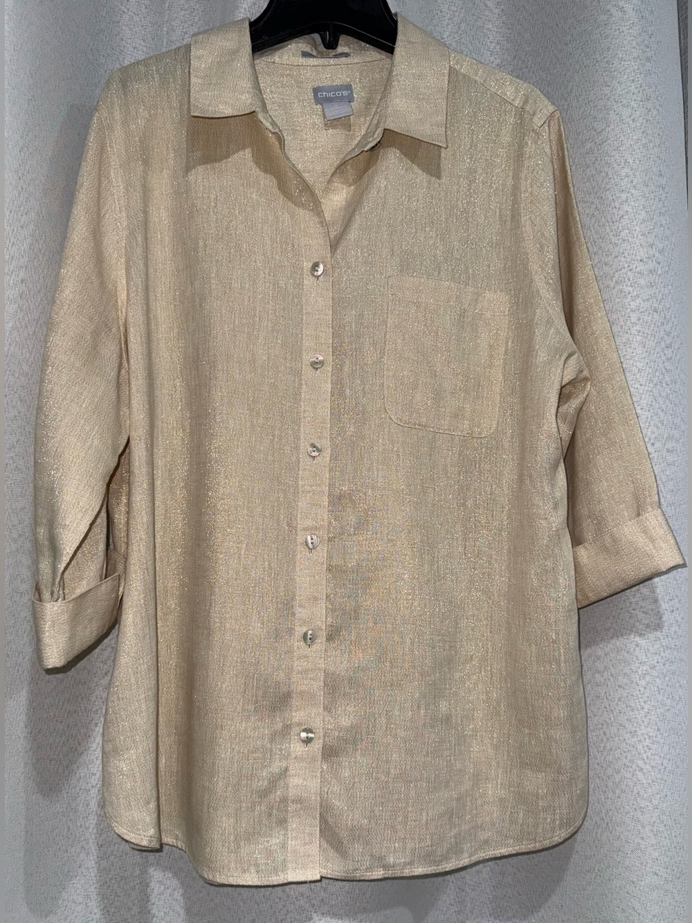 Chico’s No-Iron Linen Blouse Metallic Oatmeal Shimmer Size 2 (Large L/XL 12/14)